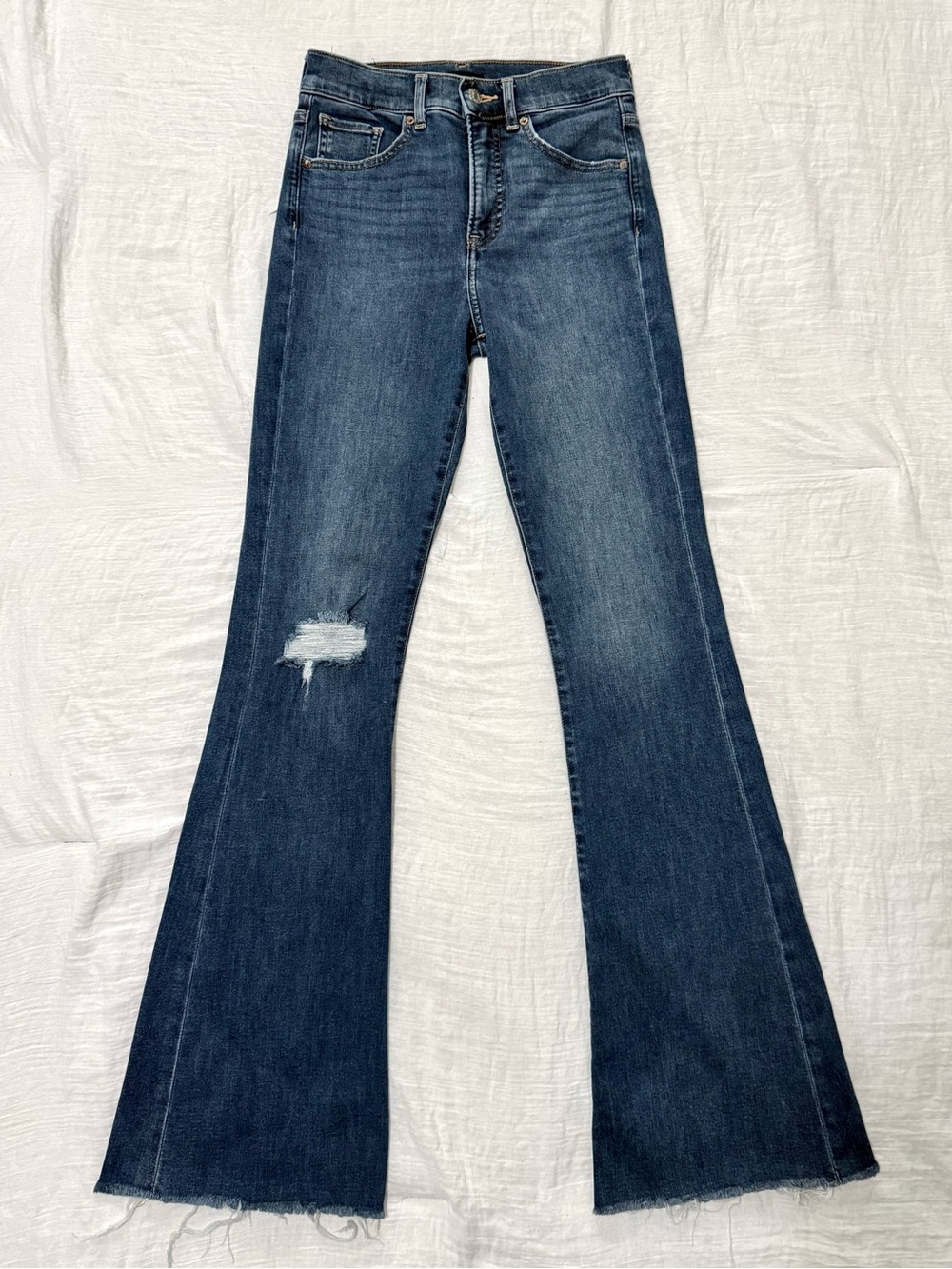 Express High Rise Flare Jeans Size 2 Long Medium Dark Wash Distressed Raw Hem